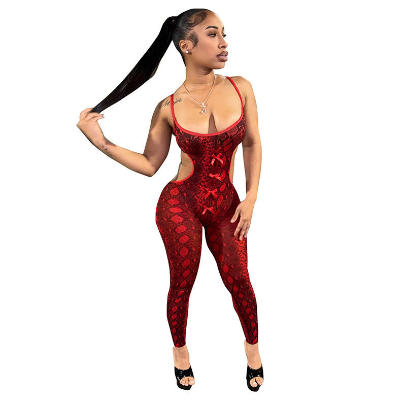 DZHT D26JP153 python print hollow-out camisole backless bow one-piece trousers