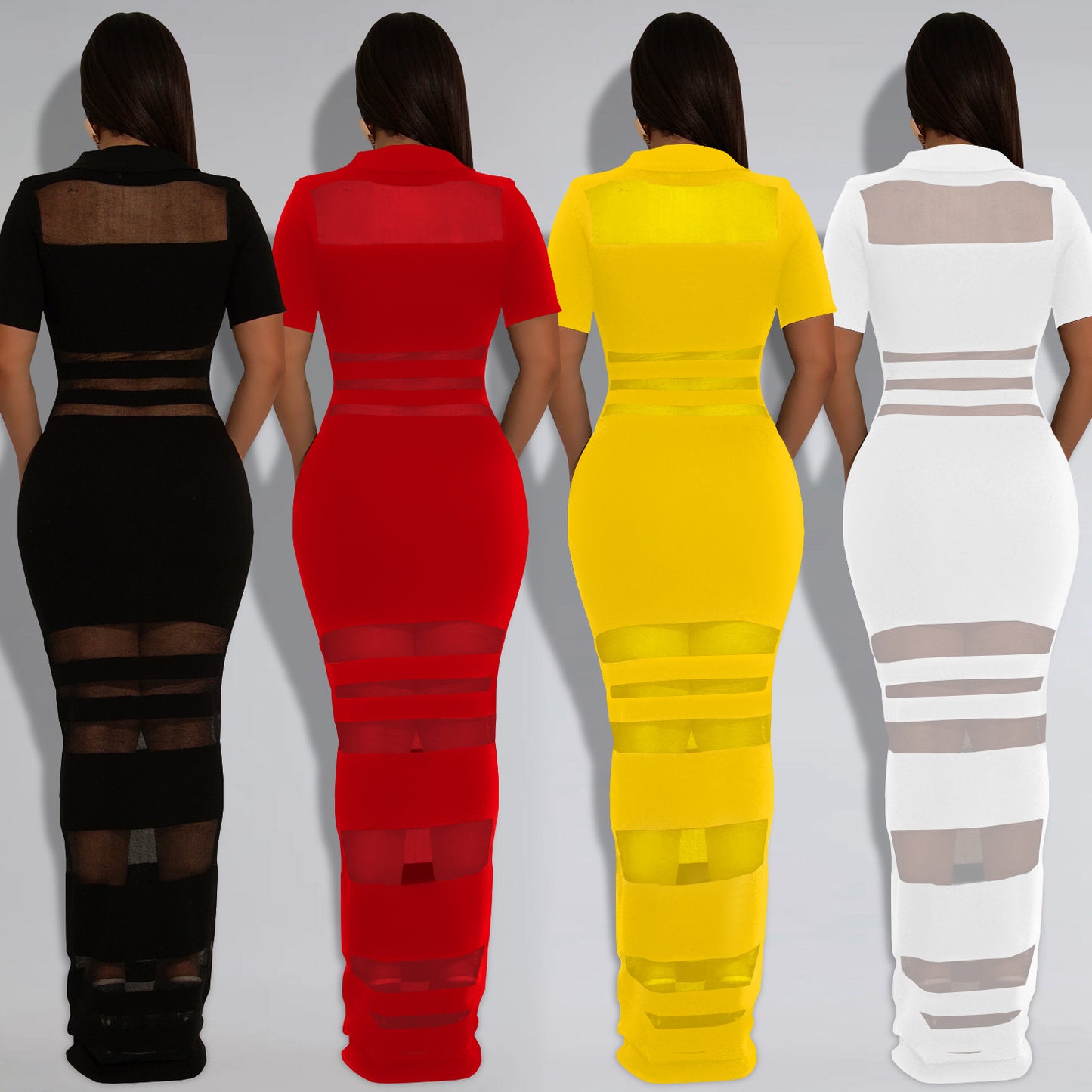 XYZ C7437 sheer mesh splicing package arm dress