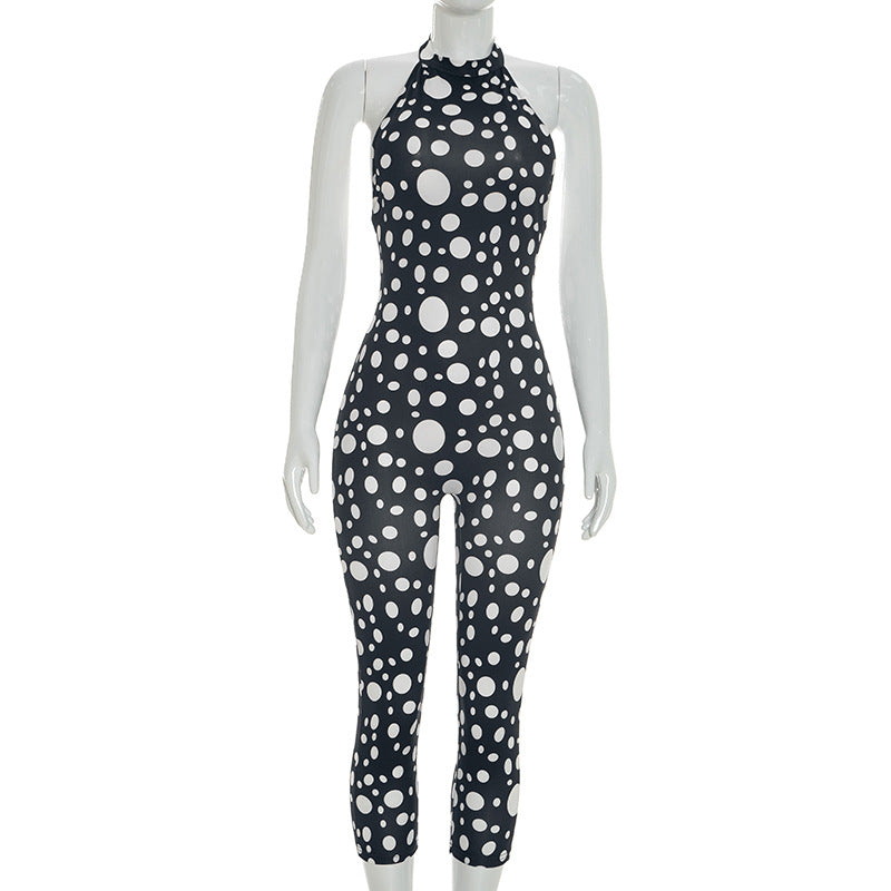 DZHT D26JP077 spring/summer polka dot print halter strap bare back tight one-piece trousers