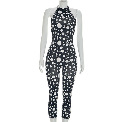 DZHT D26JP077 spring/summer polka dot print halter strap bare back tight one-piece trousers