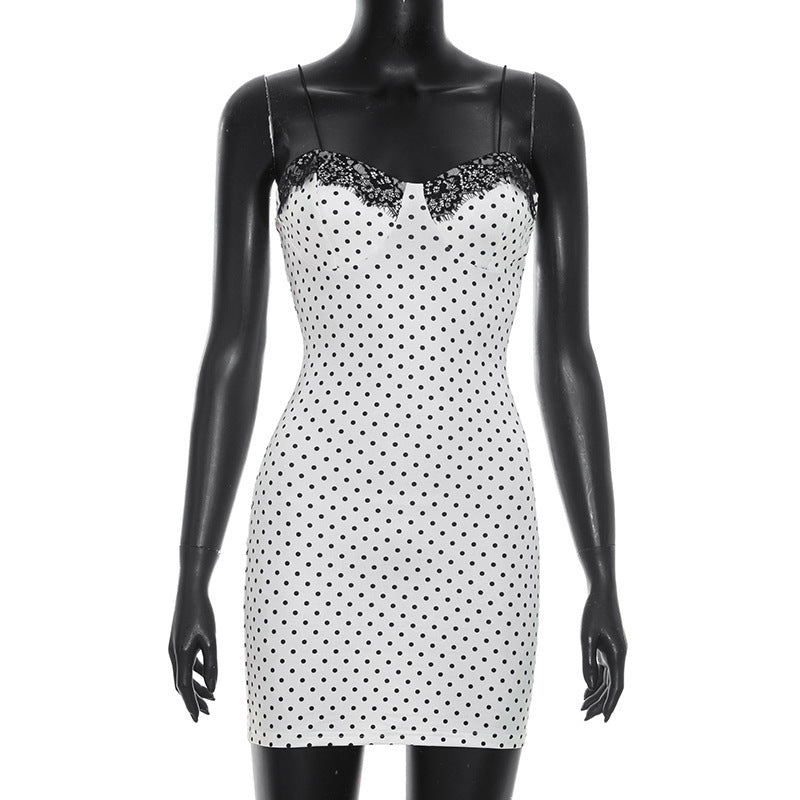 DZHT D26DS140 polka dot print lace sleeveless tight sheath dress