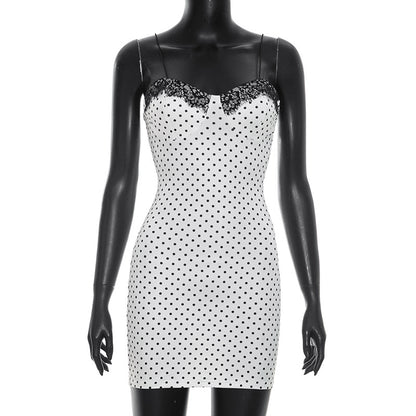 DZHT D26DS140 polka dot print lace sleeveless tight sheath dress