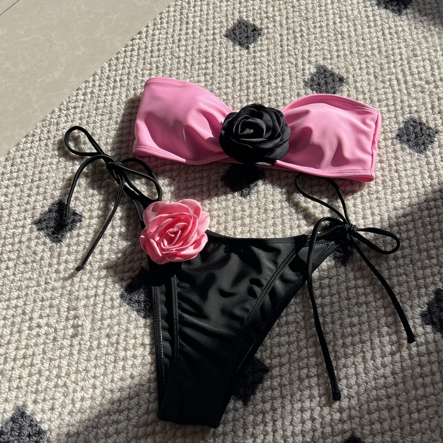 (4 days ready to ship) SY color matching rose tube top lace-up drawstring strap split swimsuit bikini 9149