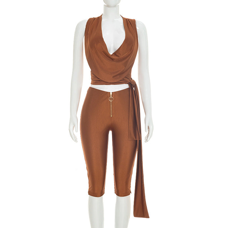 DZHT J26ST201 summer draped collar tied top zipper decorations tight cropped pants