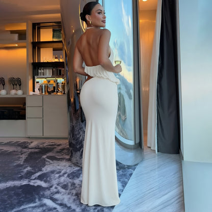 DLS summer halter backless solid color vest slim fit sexy split maxi dress suit