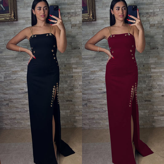 XYZ C7522 elegant gold necklace sleeveless split dress