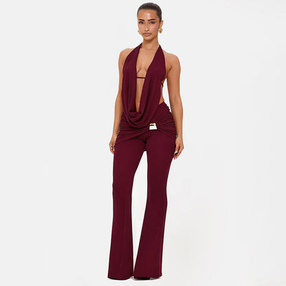 DZHT D25ST556 halter swing collar backless rope top metal buckle bootcut pants two-piece suit