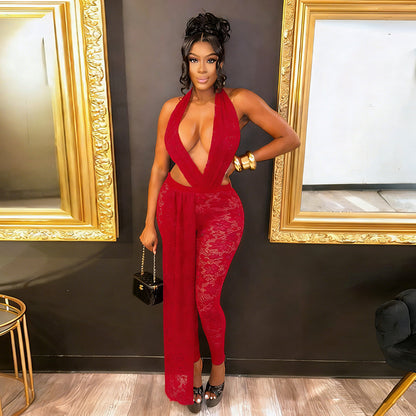 DZHT J25JP483 halter cut-out lace see-through backless lace jumpsuit