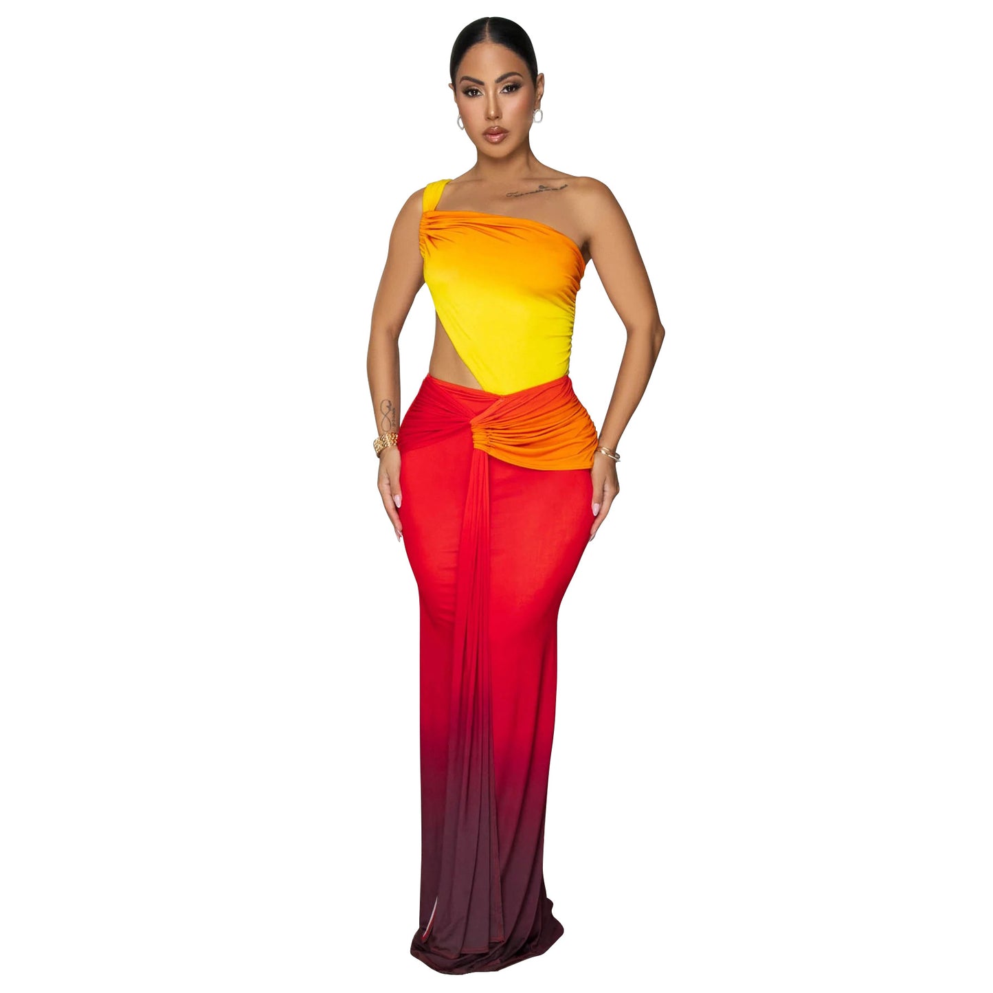 MYF (S-2XL) 10877 midriff outfit gradient dress one-shoulder dress summer