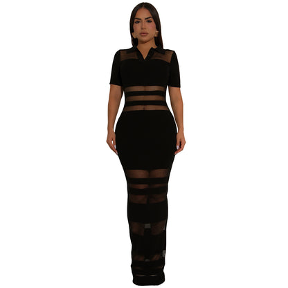 XYZ C7437 sheer mesh splicing package arm dress