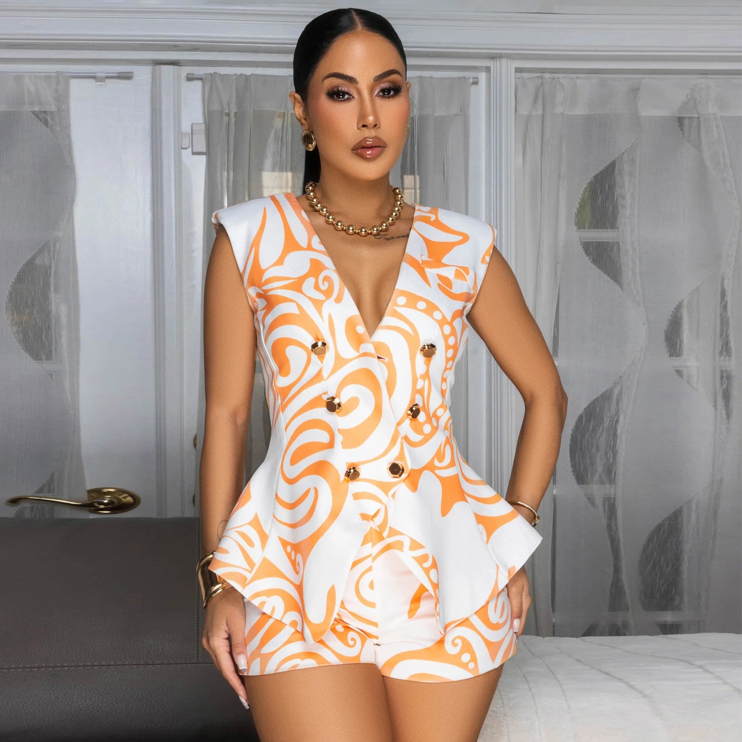 MYF (S-2XL) 20209 printed V-neck sleeveless suit short casual two-piece suit