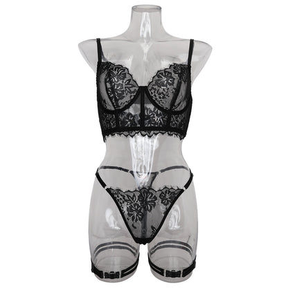 Sexy lingerie steel ring Fishbone lace three-piece set 1926