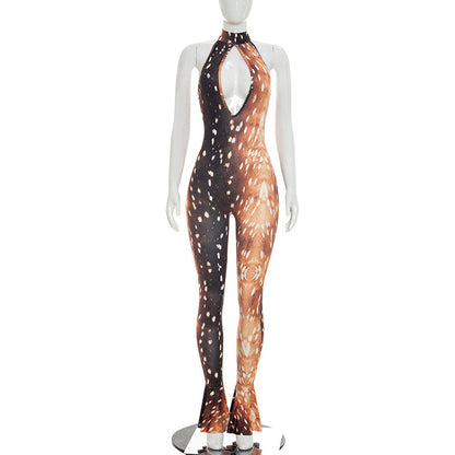 DZHT J26JP209 halter cut-out backless deer printed one-piece trousers