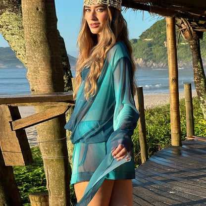 DZHT J26DS159 mesh see-through printed swing collar wide hem long sleeve dress