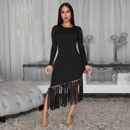 XYZ C7533 slim-fit round neck Tassel Hem Dress