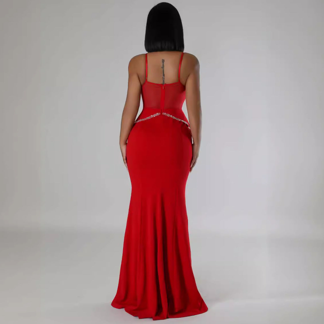 GY (S-2XL) K3161 rhinestone mesh see-through stitching lace hip spaghetti straps dress