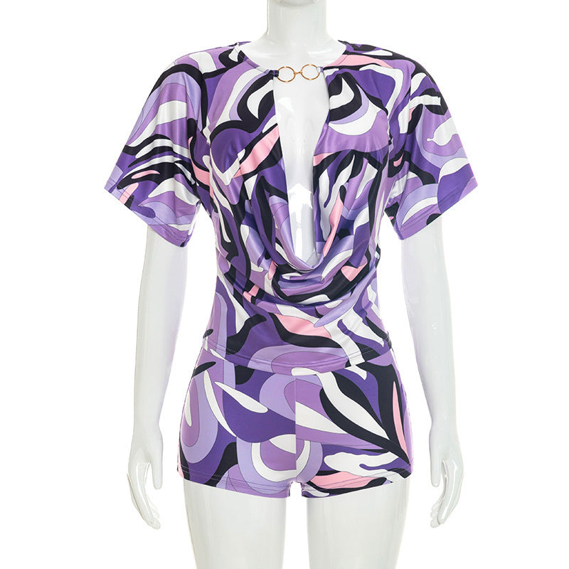 DZHT J26ST245 personalized print holiday slim-fit short-sleeved shorts suit