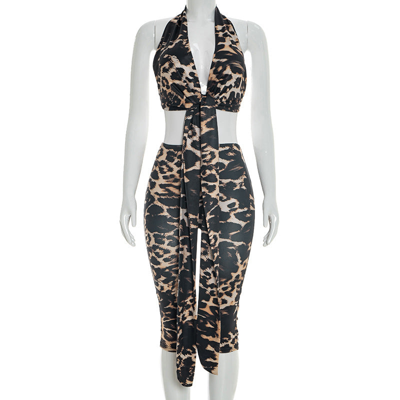 DZHT C26ST054 deep V Fashion tie halter leopard print printing suit
