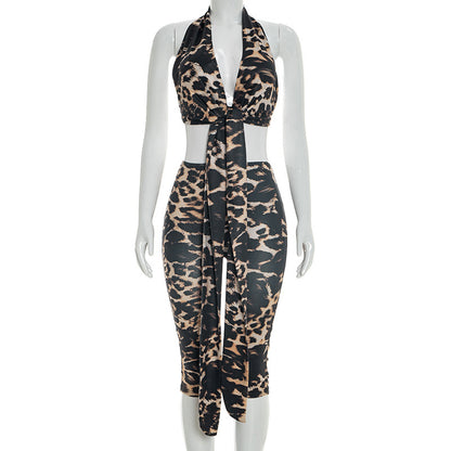 DZHT C26ST054 deep V Fashion tie halter leopard print printing suit