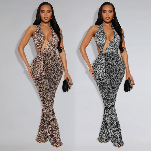 XYZ C7495 leopard print neck-Hanging Bag arm jumpsuit