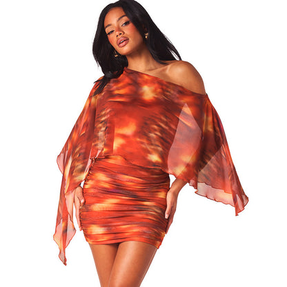 DZHT Q26DS032 fashionable printed asymmetric one-shoulder pleating sheath dress