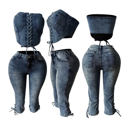 MZ (S-2XL) tube top lace-up cropped pants MZ88639 stretch lace-up denim suit