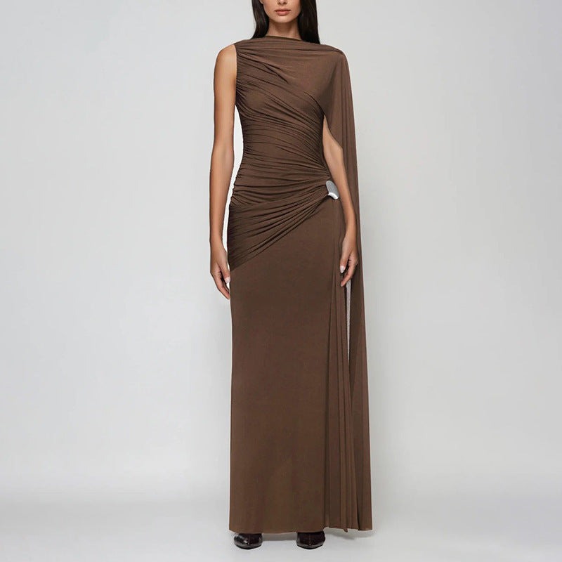 SXR autumn and winter waist-tight ribbon pleated solid color maxi dress