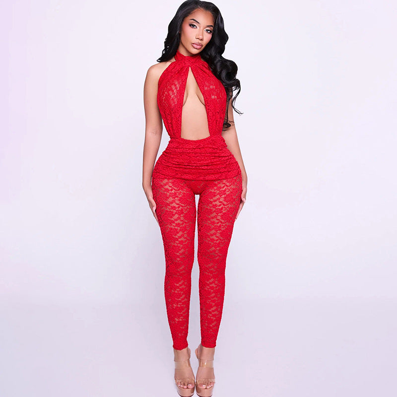 SXR Spring 2026 sexy lace stitching halter backless slim fit bodysuit
