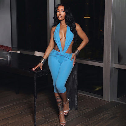 DZHT D26RP154 halter deep V-neck backless tight one-piece knee-length pants