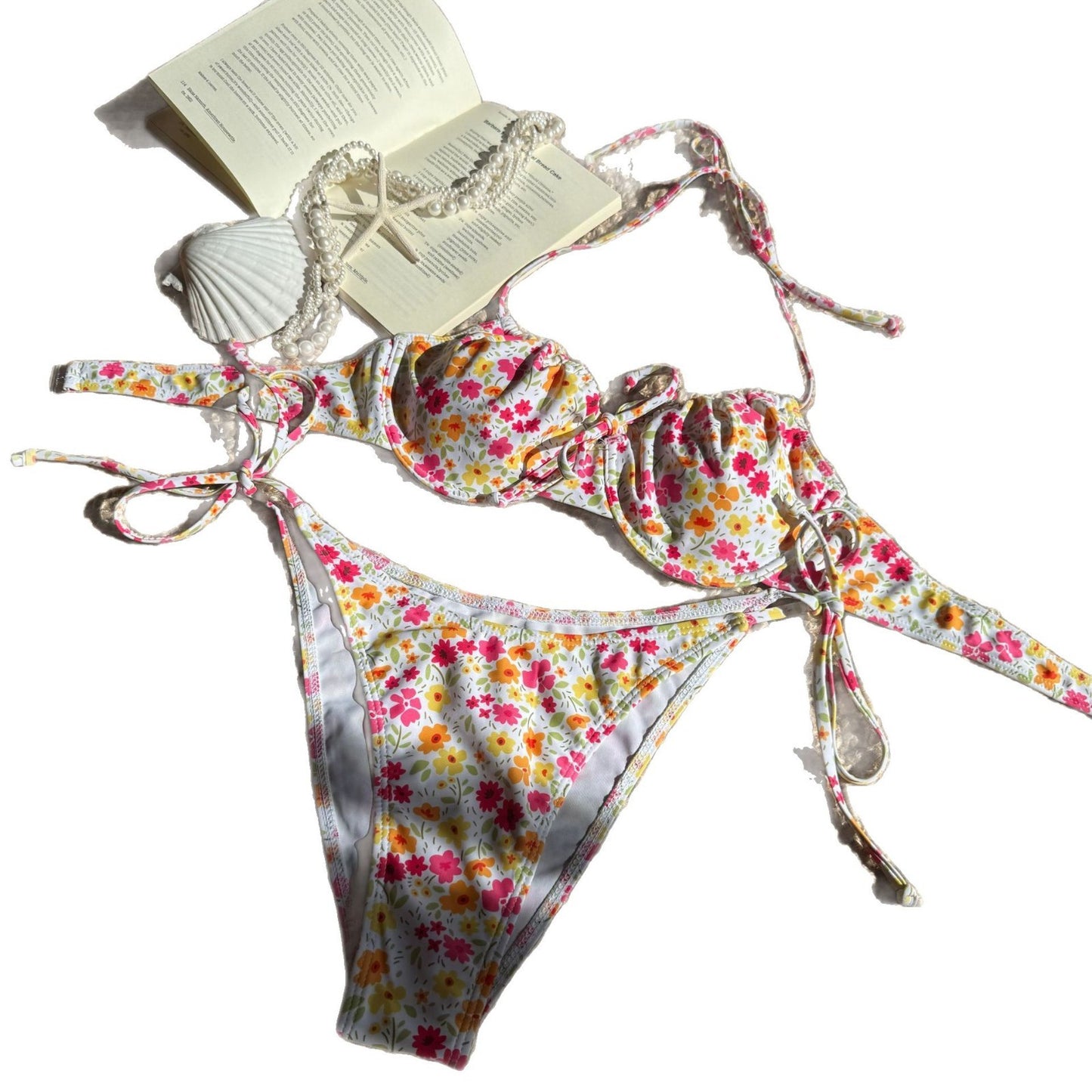 (4 days ready to ship) SY fresh floral printed lace up bikini split swimsuit bikini