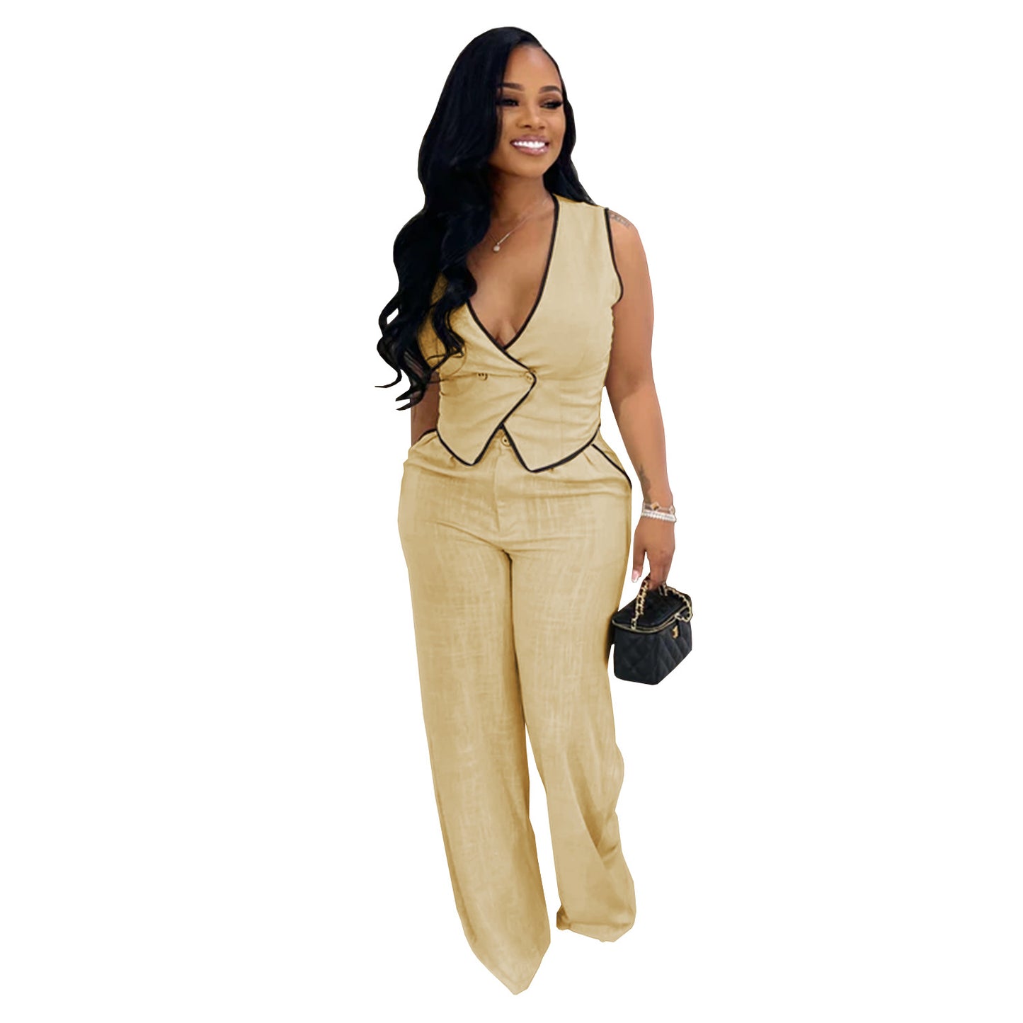 XYZ C7402 casual V-neck button top trousers two-piece set