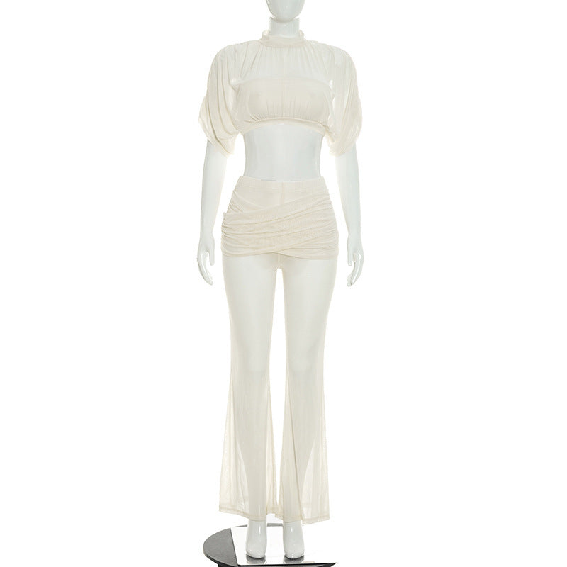 DZHT J26ST228 mesh stitching see-through short top Bell-bottom pants two-piece suit
