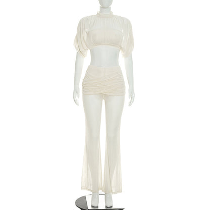 DZHT J26ST228 mesh stitching see-through short top Bell-bottom pants two-piece suit