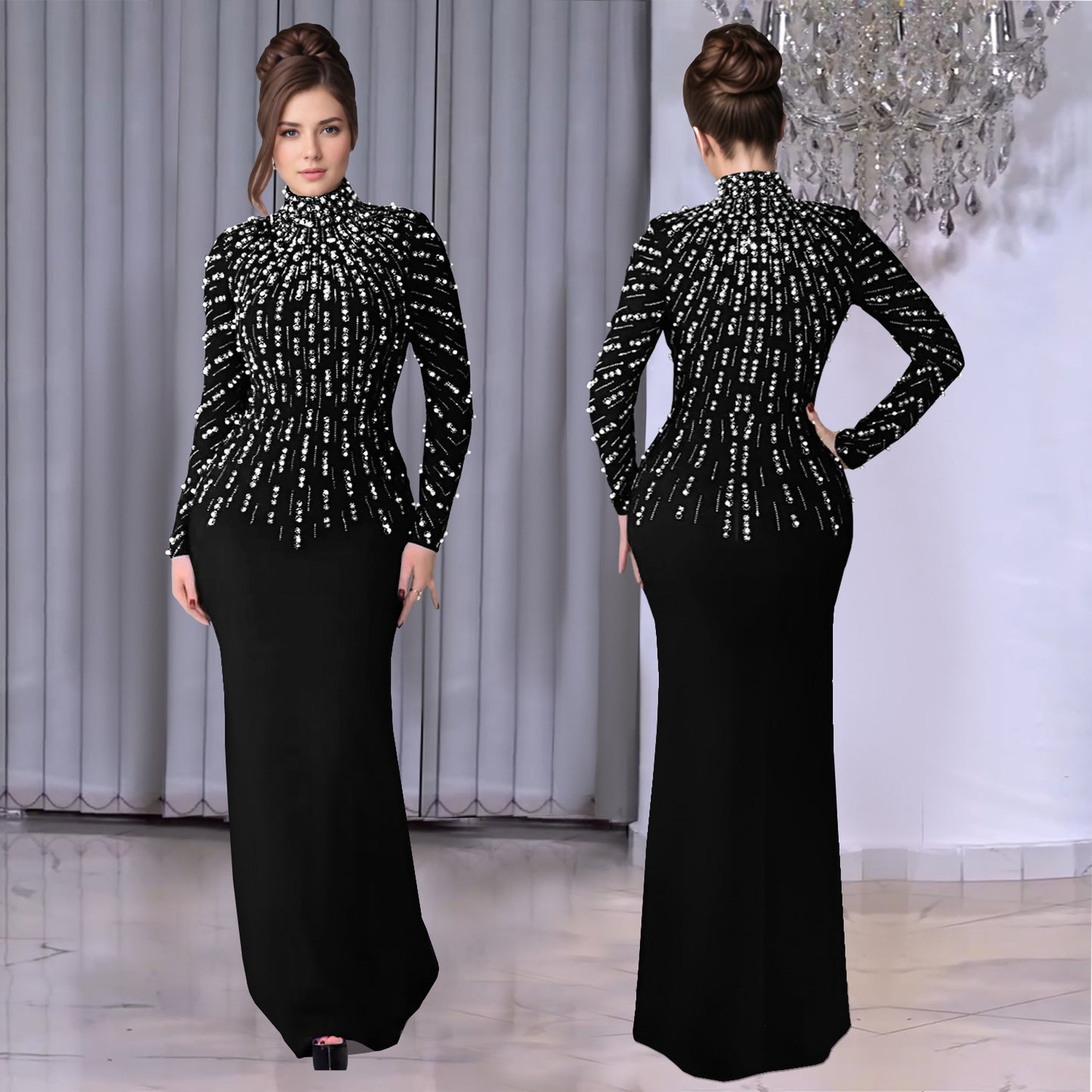 XYZ C7379 long sleeve beaded rhinestone arm covering dress