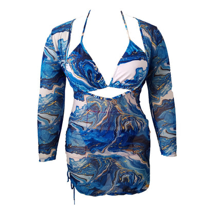 LF (L-4XL) swimsuit women's three-piece suit Blue, large-sized sexy triangle belt yarn