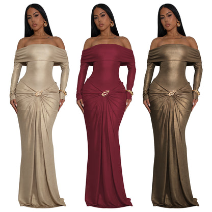 MYF (S-2XL) 10929 off-the-shoulder gown long sleeve glossy dress