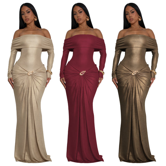 MYF (S-2XL) 10929 off-the-shoulder gown long sleeve glossy dress