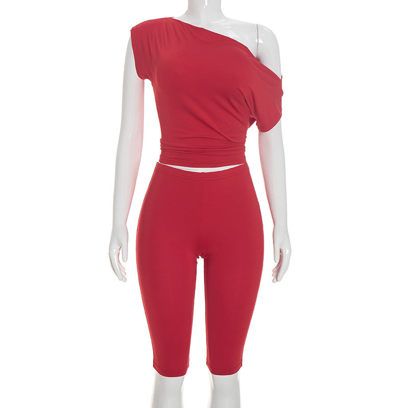 DZHT D26ST276 fashion slant shoulder short sleeve top tight cropped pants suit
