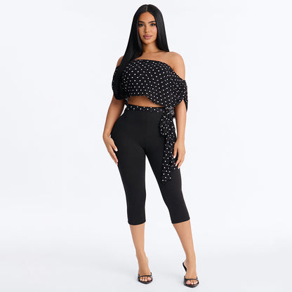 DZHT J26ST063 fashion off-the-shoulder polka dot cropped pants suit