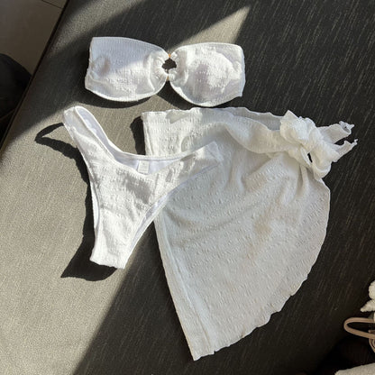 (4 days ready to ship) SY textured cloth tube top three piece swimsuit bikini