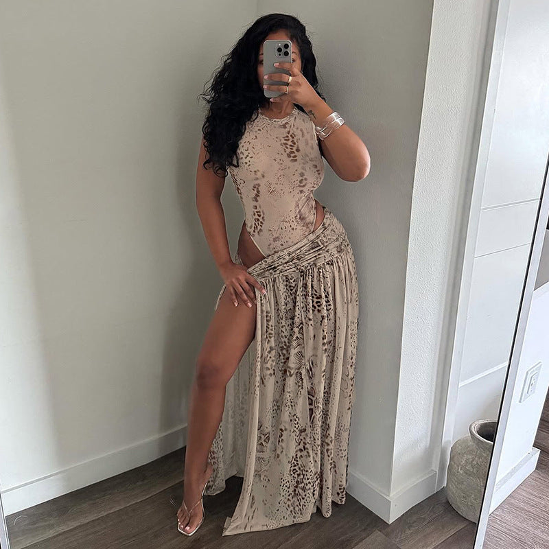 DZHT J26ST091 fashion printed jumpsuit half-length slit dress suit