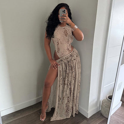 DZHT J26ST091 fashion printed jumpsuit half-length slit dress suit