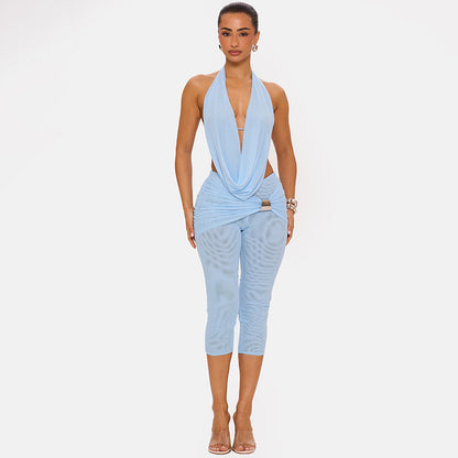 DZHT C26ST240 draped collar halter lace-up backless sling skinny knee length pants suit
