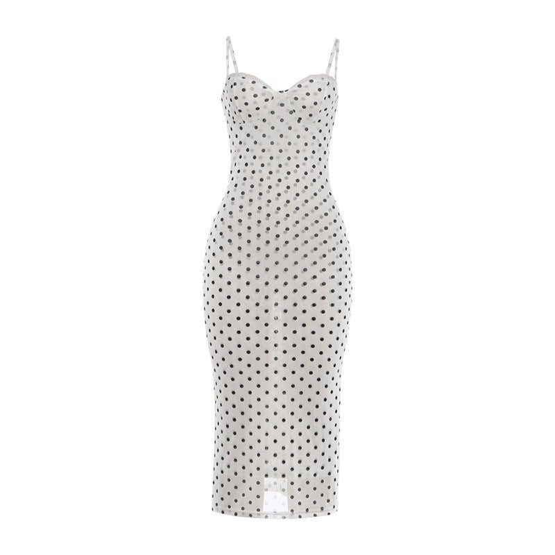 DLS polka dot print elegant lace lace spaghetti-strap dress