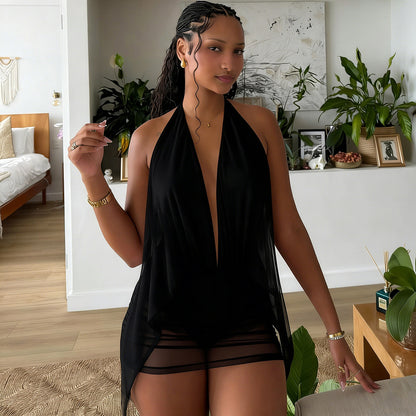 SXR 2026 spring sexy deep V halter backless hip-wrapped short mesh dress