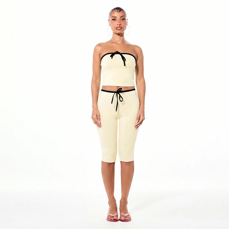 DZHT Q26ST074 sleeveless midriff-baring tube top tight cropped pants contrast color suit