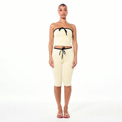DZHT Q26ST074 sleeveless midriff-baring tube top tight cropped pants contrast color suit