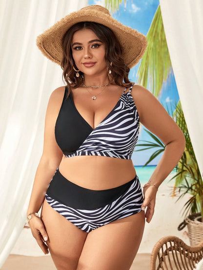 LF (L-4XL) bikini sexy suit split black and white printed large size swimsuit