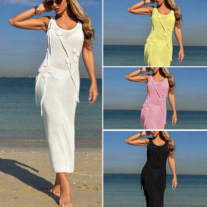 CYB dress three-dimensional flower U-neck sling back slit beach dress