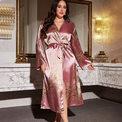 DNL spring printed bathrobe emulation silk nightgown